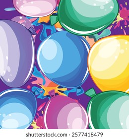 Square background design with colorful balloons and splashes on a purple backdrop, festive and cheerful for parties