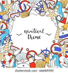 Square background with different colored doodle nautical marine items and lettering. Detailed frame design. Used clipping mask.