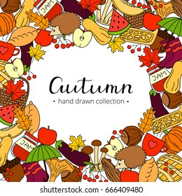 Square background with different colored doodle autumn items and lettering. Detailed frame design. Used clipping mask.