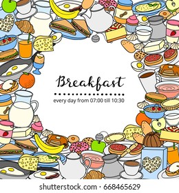 Square background with different colored doodle breakfast items and lettering. Detailed frame design. Used clipping mask.