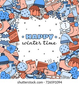 Square background with different colored hand drawn winter items and lettering. Detailed frame design. Used clipping mask.