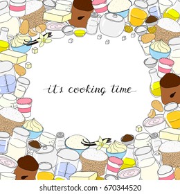 Square background with different colorful doodle cooking, baking ingredients and lettering. Detailed frame design. Used clipping mask.
