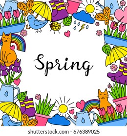 Square background with different colorful doodle spring items and lettering. Detailed frame design. Used clipping mask.