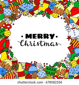 Square background with different colorful doodle Christmas items and lettering. Detailed frame design. Used clipping mask.