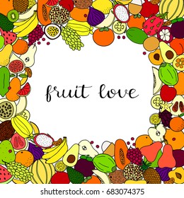 Square background with different colorful hand drawn fruits and lettering. Detailed frame design. Used clipping mask.