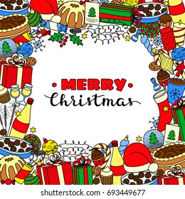 Square background with different colorful hand drawn Christmas items and lettering. Detailed frame design. Used clipping mask.