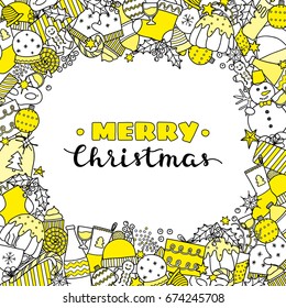 Square background with different doodle Christmas items in white, yellow colors and lettering. Detailed frame design. Used clipping mask.