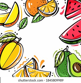 square background with different tropical fruits