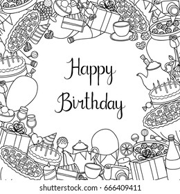 Square background with different uncolored doodle birthday items and lettering. Detailed frame design. Used clipping mask.