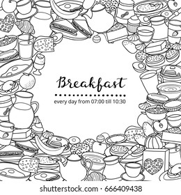 Square background with different uncolored doodle breakfast items and lettering. Detailed frame design. Used clipping mask.