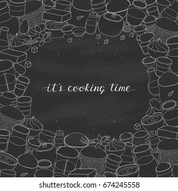Square background with different uncolored doodle cooking ingredients and lettering. Detailed frame design. Used clipping mask.