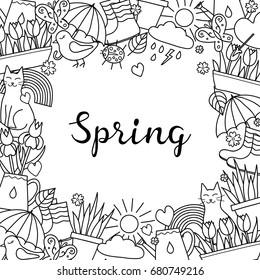 Square background with different uncolored doodle spring items and lettering. Detailed frame design. Used clipping mask.