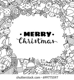 Square background with different uncolored doodle Christmas items and lettering. Detailed frame design. Used clipping mask.