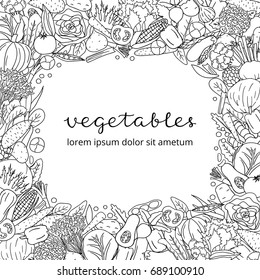 Square background with different uncolored hand drawn vegetables and lettering. Detailed frame design. Used clipping mask.