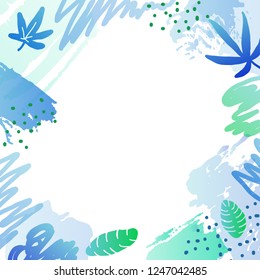 Square background with doodle colored jungle leaves, brush strokes and dots. Used clipping mask.