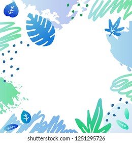 Square background with doodle colored jungle leaves, brush strokes and dots. Used clipping mask.