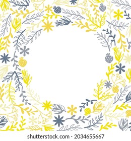 Square background with doodle flower and leaves silhouette with place for text. Colorful banner with copy space and hand drawn decorative plant in Scandinavian style.