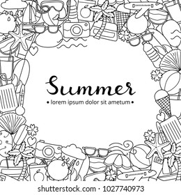 Square background with doodle uncolored summer, vacation items and lettering. Detailed frame design. Used clipping mask.