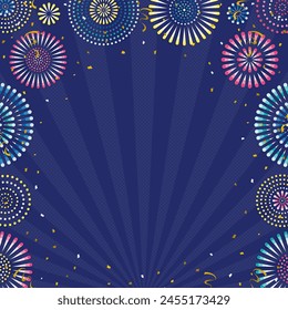 square background of fireworks, confetti and concentrated lines