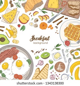 Square background with frame consisted of breakfast meals and healthy morning food - croissant, fried eggs and bacon, toasts, fruits. Realistic vector illustration for restaurant advertisement