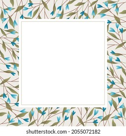 Square background or frame design with blue heart branches, leaves, and white panel for text.