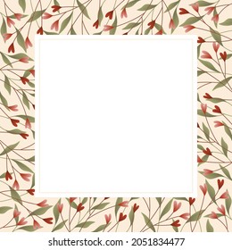 Square background or frame design with pink and red heart branches, leaves, and white panel for text.