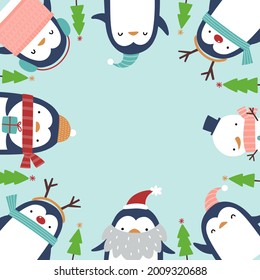 Square background or frame design for winter holidays with cute and whimsical penguins, trees, and snowman. 