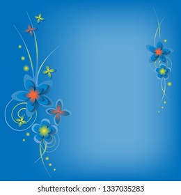 Square background frame with paper cut 3d flowers in blue, yellow and orange colors. Place for text. Decorative elements for festive design. Vector illustration