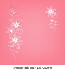 Square background frame with paper cut 3d flowers in delicate pink and white colors. Place for text. Decorative elements for festive design. Vector illustration