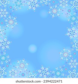 Square background with a frame of stained-glass snowflakes, crystals on a blue substrate