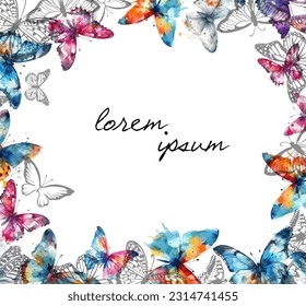 Square background frame with watercolor butterflies for text. Mixed media. Vector illustration