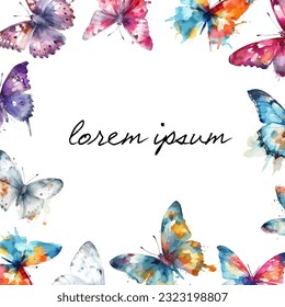 Square background frame with watercolor butterflies for text. Mixed media. Vector illustration