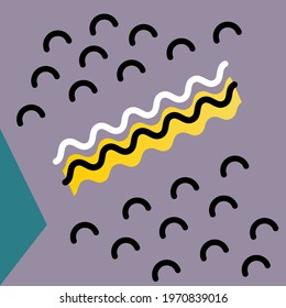 Square background with geometric shapes in Memphis style for your design project. Multi-colored and contoured simple shapes: semicircle, wavy lines. Vector illustration, EPS10