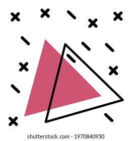 Square background with geometric shapes in Memphis style for your design project. Multi-colored and contoured simple shapes: triangle, plus, minus, lines. Vector illustration, EPS10
