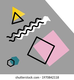 Square background with geometric shapes in Memphis style for your design project. Multi-colored and contoured simple shapes: square, triangle, polygon, waves, wavy lines. Vector illustration, EPS10