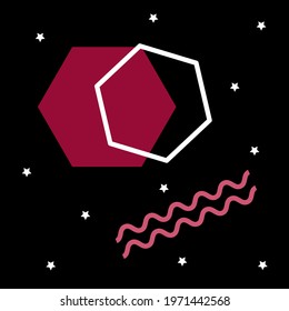 Square background with geometric shapes in Memphis style for your design project. Multi-colored and contoured simple shapes: polygon, wave, wavy lines, stars. Vector illustration, EPS10