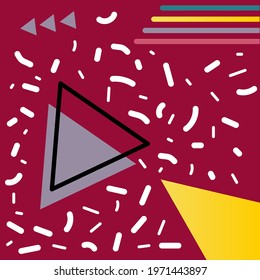 Square background with geometric shapes in Memphis style for your design project. Multi-colored and contoured simple shapes: triangle, lines, and irregular large and small shapes. Vector illustration,