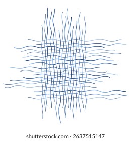 Square background of gradient blue intersecting wavy lines. Abstract vector texture of a tattered piece of fabric. Monochrome geometric criss-cross isolated design element