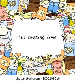 Square background with hand drawn colored cooking ingredients and lettering. Detailed frame design. Used clipping mask.