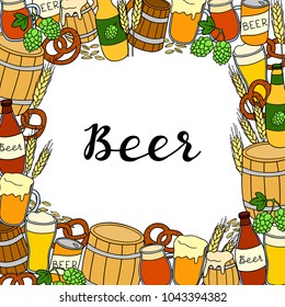 Square background with hand drawn colored beer items, brezel, barley, hop and lettering. Detailed frame design. Used clipping mask.