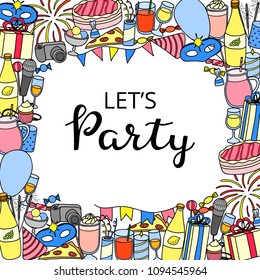 Square background with hand drawn colored party elements and lettering. Detailed frame design. Used clipping mask.