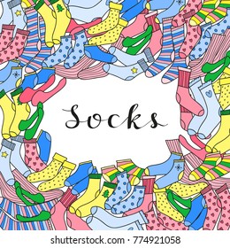 Square background with hand drawn colored socks and lettering. Detailed frame design. Used clipping mask.