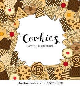 Square background with hand drawn colored cookies and lettering. Detailed frame design. Used clipping mask.