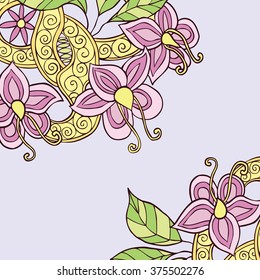 Square background with hand drawn colorful doodle flowers, leafs and ribbon with swirl. Vector illustration 