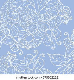 Square background with hand drawn flowers, leafs and ribbon with swirl. Vector illustration 
