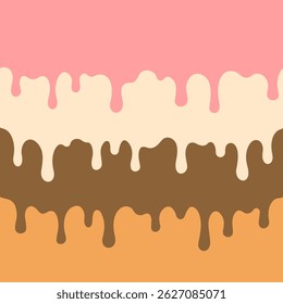 Fundo quadrado com camadas desenhadas à mão de gotas de sorvete, chocolate, esmalte, cobertura, baunilha, morango, creme brulee, sabor de caramelo. Gota longa, gotejamento de bolo, sobremesa, gelato. EPS10