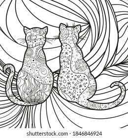 Square background. Hand drawn ornate cats. Design for spiritual relaxation for adults. Black and white illustration for coloring
