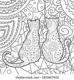 Square background. Hand drawn patterned cats. Design for spiritual relaxation for adults. Black and white illustration