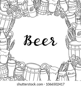 Square background with hand drawn uncolored beer items, brezel, barley, hop and lettering. Detailed frame design. Used clipping mask.