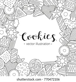 Square background with hand drawn uncolored cookies and lettering. Detailed frame design. Used clipping mask.